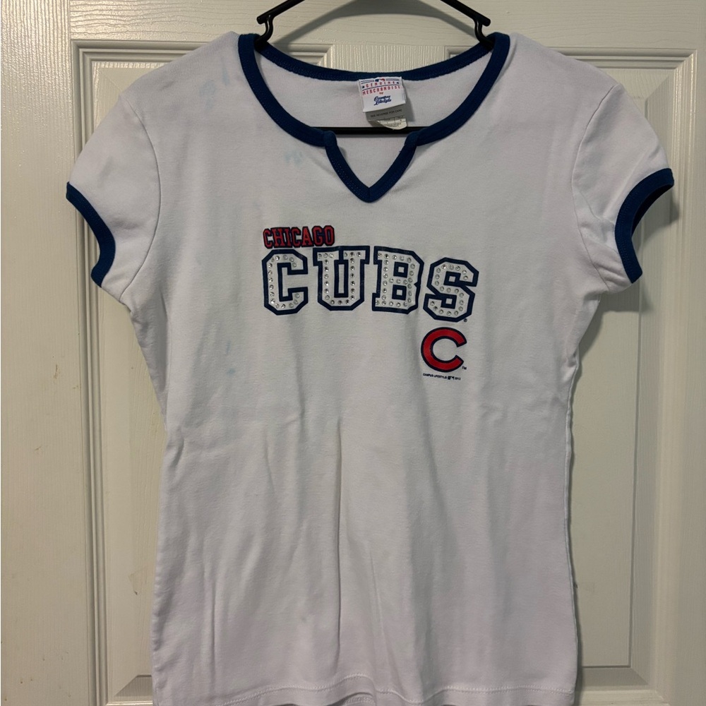 Women's White and Blue Chicago Cubs Short Sleeve Tee
